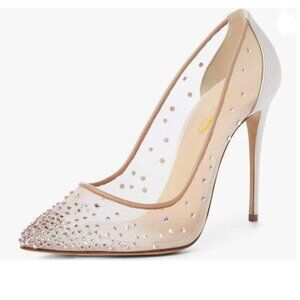 XYD Beige Rhinestones Studded Stiletto High Heels Mesh for Women Slip On Pumps